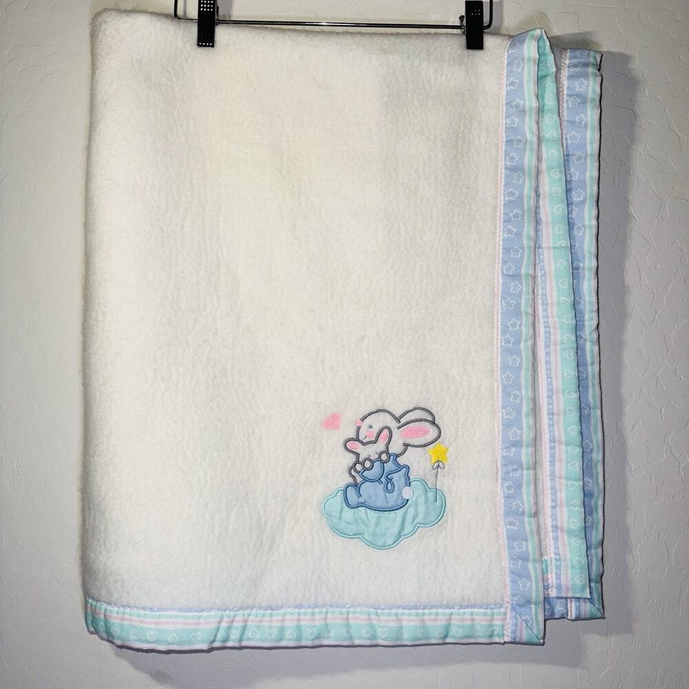 Vintage Cuddle Time Blanket 36 x 42 Baby Crib Blue White Bunny Embroidered USA